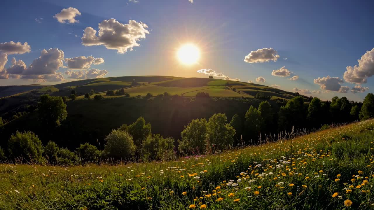 En vidvinkelvideooptagelse af et solbeskinnet landskab med bølgende bakker og en klar blå himmel.