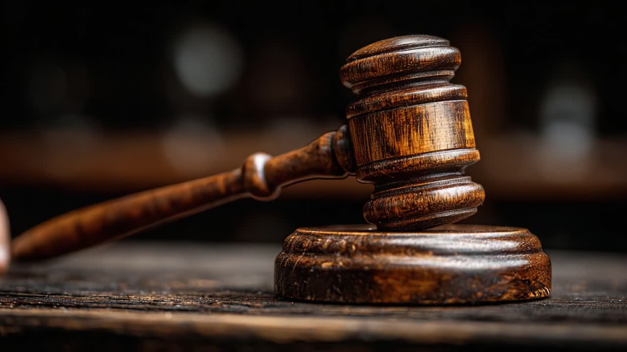 Una prospettiva ravvicinata di un classico martelletto giudiziario che simboleggia giustizia, autorità ed equità nei procedimenti legali con dettagli in legno intricati.