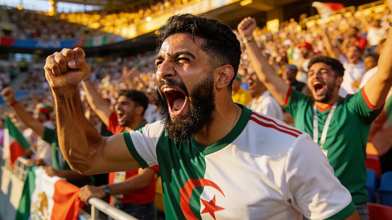Tifoso barbuto esultante che alza il pugno sulla ringhiera dopo un gol, con una maglia verde e bianca con luna crescente e stella