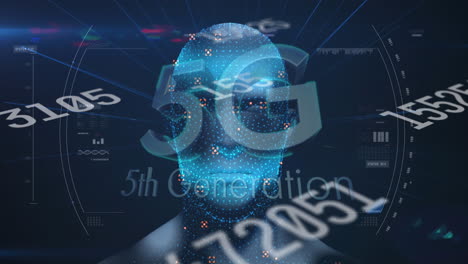 texto de 5g contra el escaneo del alcance sobre el modelo de cabeza humana sobre fondo azul