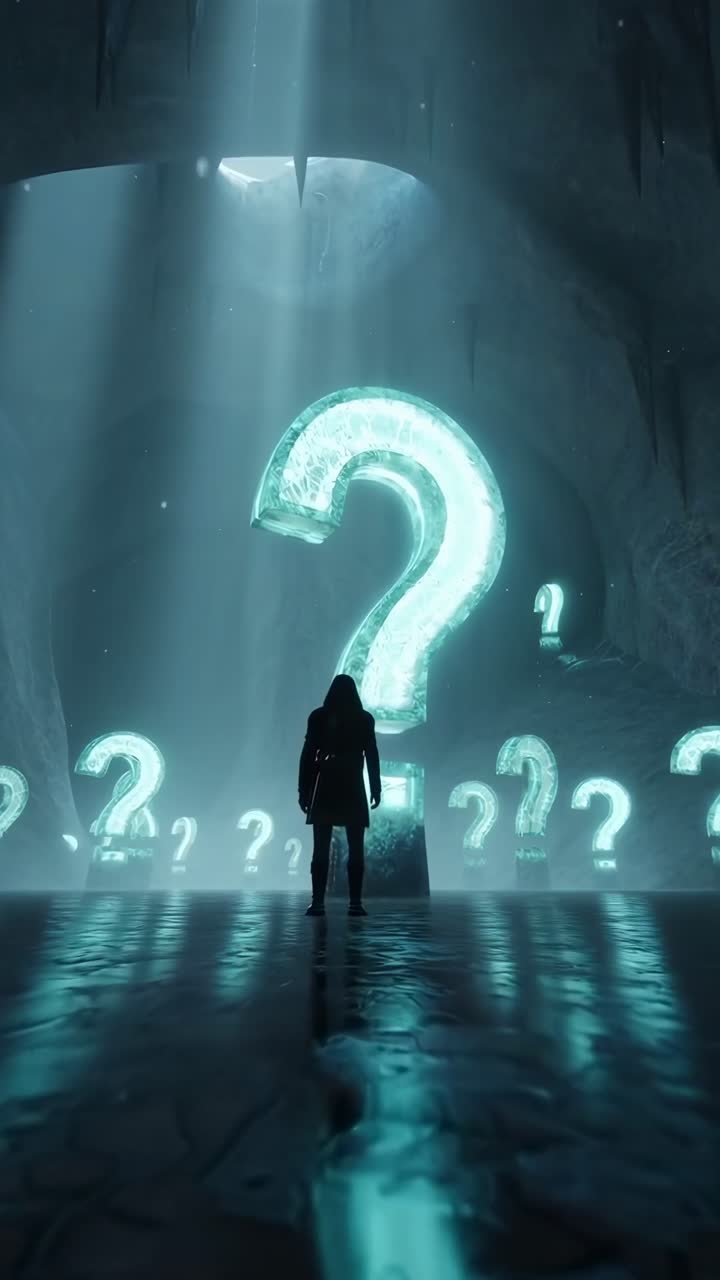 Futuristic video concept with a low-angle view of glowing question marks in a cave