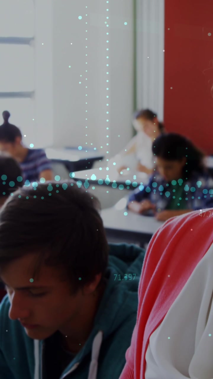 Animation of graphs over caucasian female teacher and class of diverse pupils