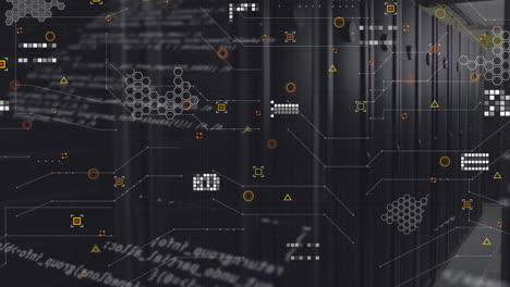 Animation of computer language, geometric shapes, circuit board pattern over server room