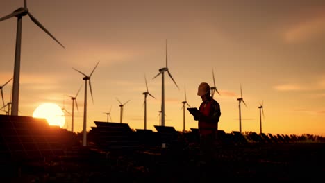 ingeniero inspeccionando una granja de energía renovable al atardecer