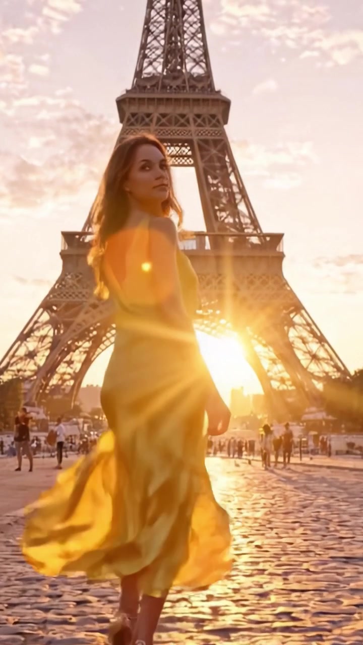 Una Donna in un Abito Giallo Svolazzante Passeggia Elegantemente Verso l'Iconica Torre Eiffel Durante un Bellissimo Tramonto a Parigi, Creando un'Atmosfera Affascinante e Sognante