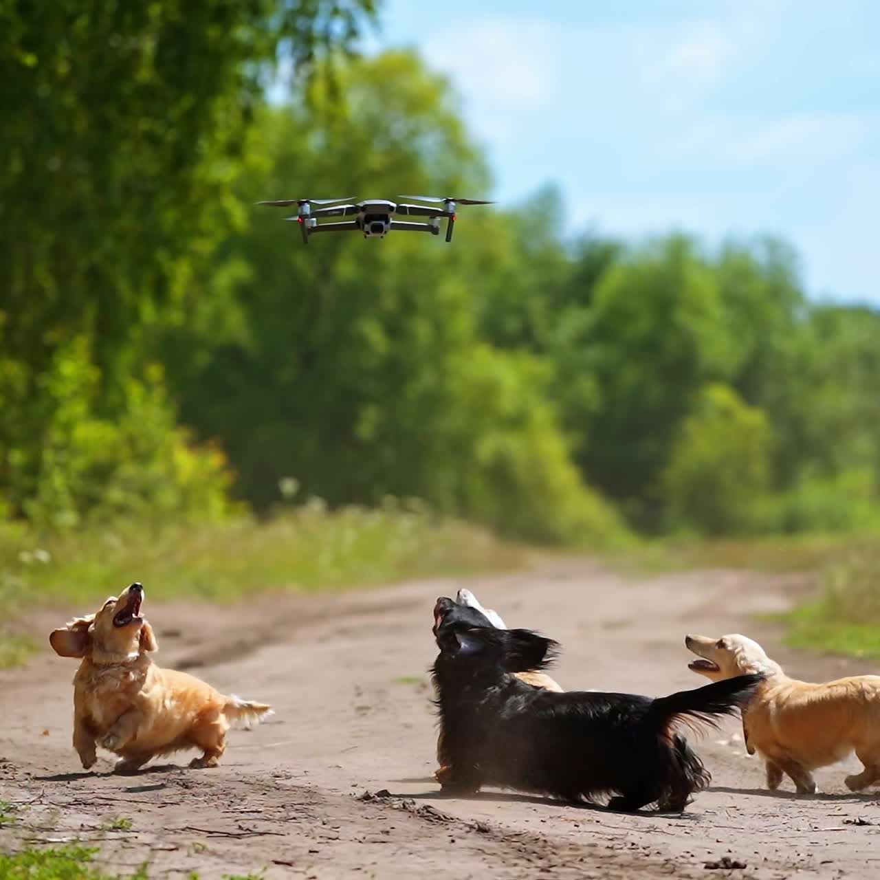 Dogs jumping outdoors. Funny pets bark on the drone flying in the air and try to catch it. Group of pedigree dogs playing in nature.