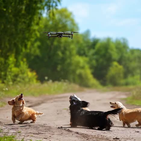 dogs jumping outdoors. funny pets bark on the drone flying in the air and try to catch it. group of pedigree dogs playing in nature.