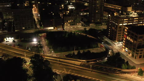 An-aerial-view-at-night-over-the-Brooklyn-Bridge-entrance-on-the-Brooklyn-side