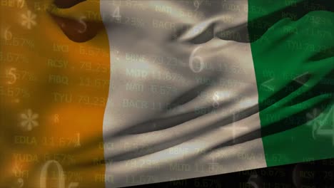 Animation-of-symbols-and-numbers-over-flag-of-ivory-coast-against-trading-board-on-black-background