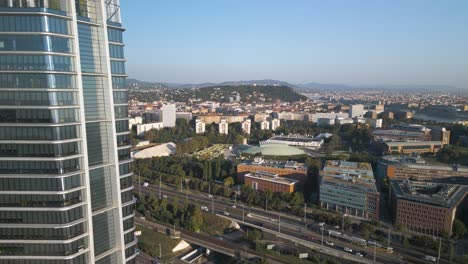 Aerial-Pullback-Reveals-MOL-Campus-in-Budapest,-Hungary