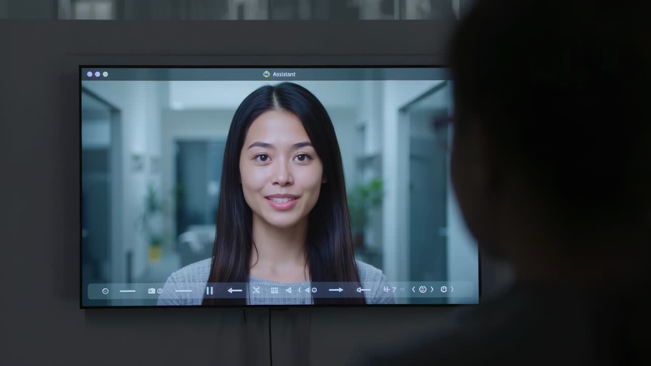 Smiling presenter starting playback, delivering briefing on screen, wearing gray top, viewer right
