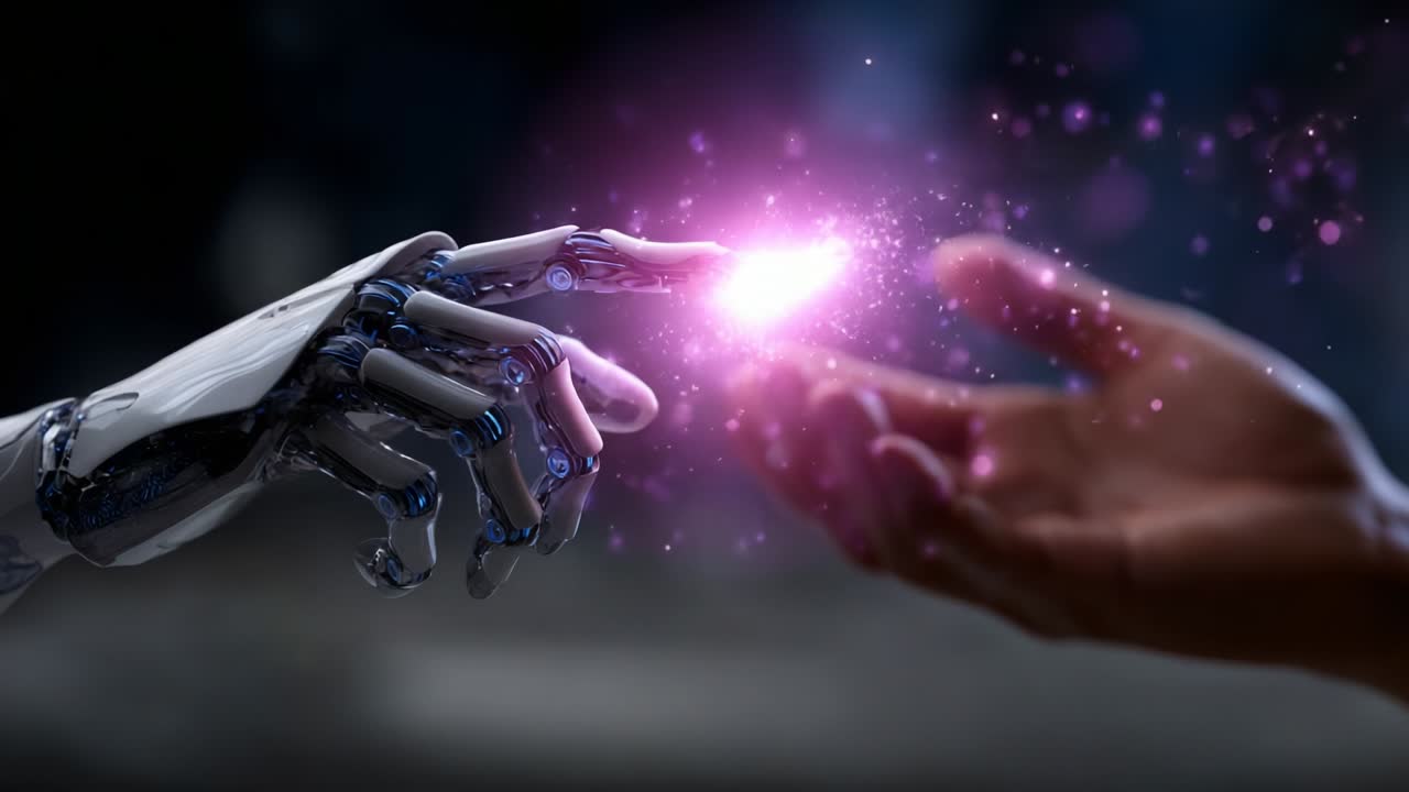 A captivating moment of connection between technology and humanity is depicted in this stunning visual of a robotic hand reaching out to touch a human hand, sparking a glowing burst of energy and light