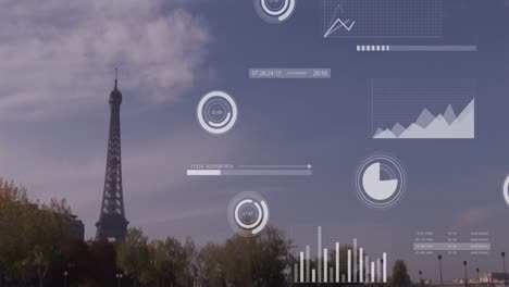 animation of loading bars, circles, graphs and radar over aerial view of eiffel tower against sky