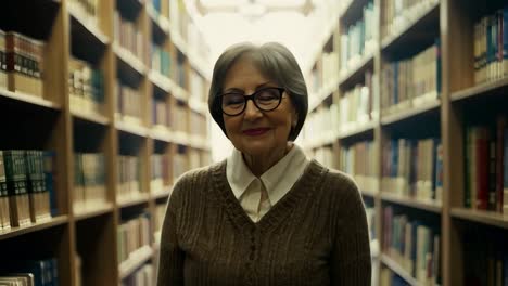 mujer sonriente en una biblioteca