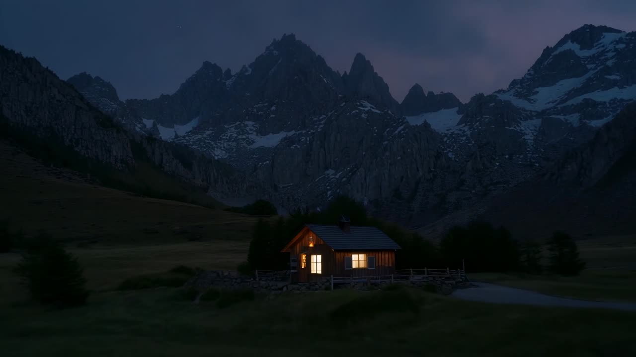 Aufhellender Himmel vor Sonnenaufgang, wodurch sich die Kamera einer Holzhütte mit beleuchteten Fenstern und einem Zaun nähert