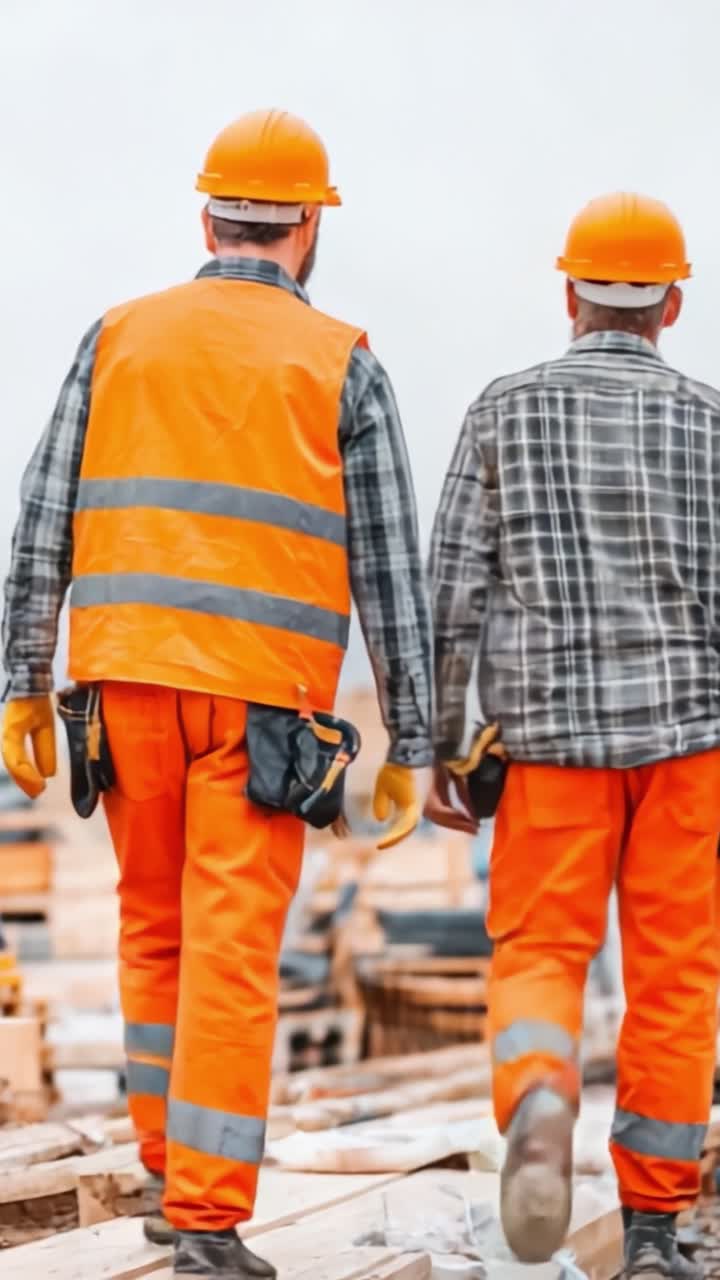 Two Construction Workers in Orange Safety Gear Walking Away on a Job Site, Highlighting Safety and Teamwork in Industrial Settings