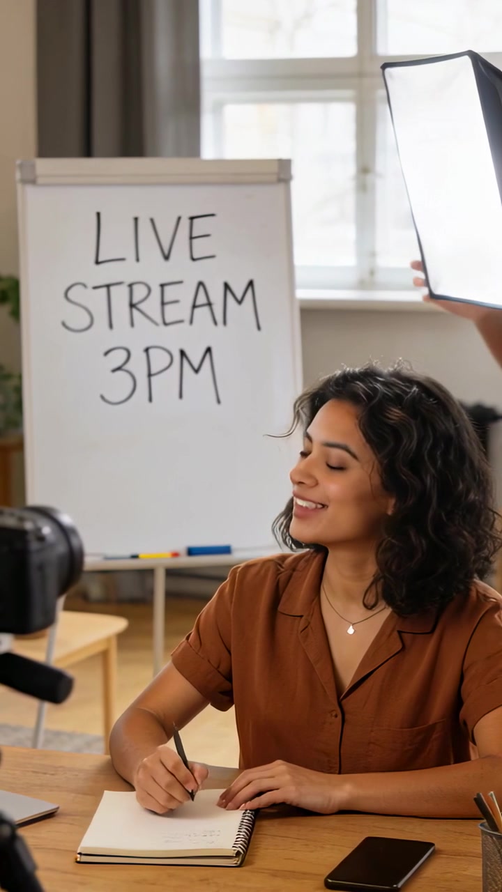 Vertical video: Writing host in tan top pausing, crew adjusting light at desk for LIVE STREAM 3PM