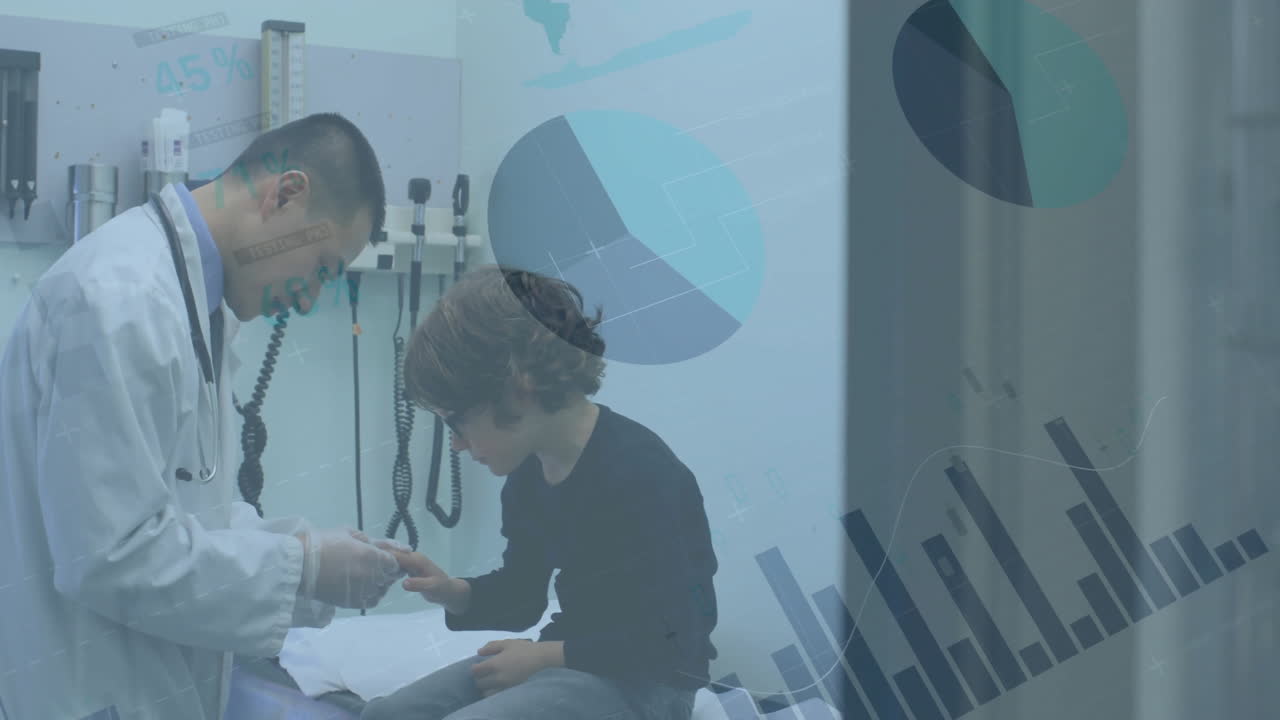 Animation of financial data processing over diverse male doctor and boy patient