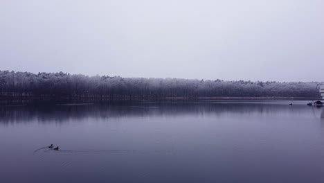 Bewegen-Sie-Sich-über-Einen-Steg-Und-Passieren-Sie-Das-Geländer-Am-Ende,-Um-Sanft-über-Dunkles-Wasser-Zu-Fliegen