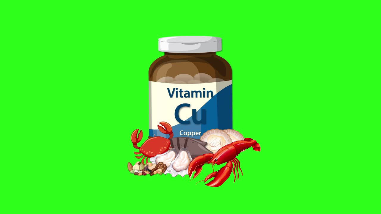Copper supplement bottle appears with shrimp, crab, and mushrooms on vibrant green screen background