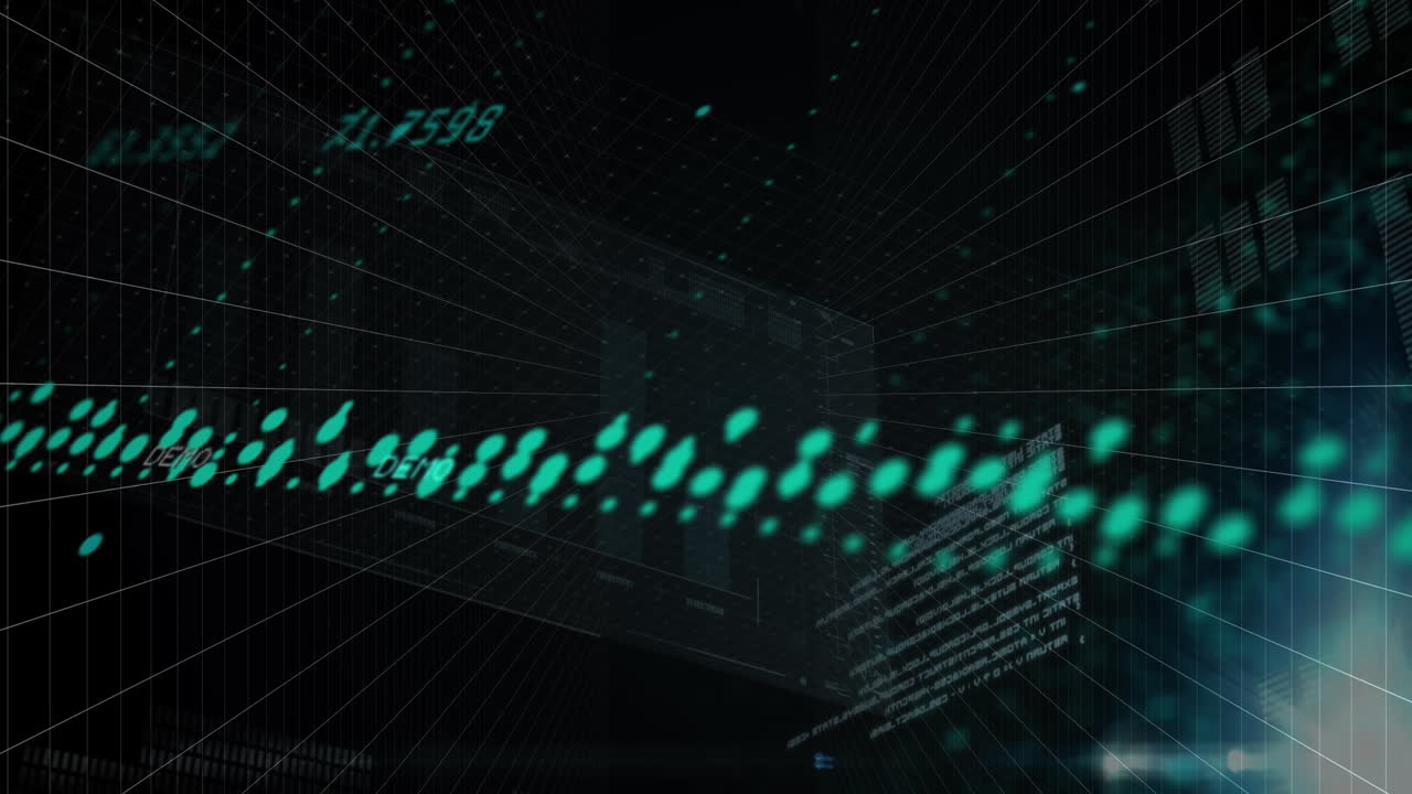 Animation of interface with data processing over spot of light against black background