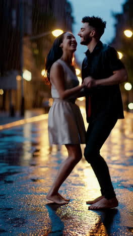 couple dancing in the rain at night