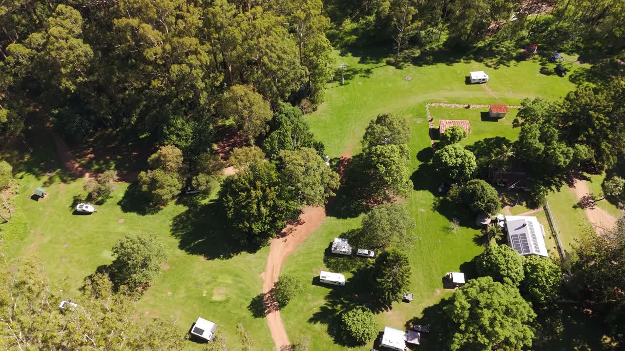 Camping in a eucalyptus forest, seen from above