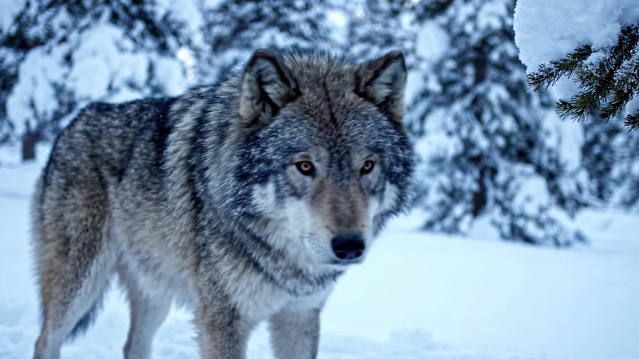 Majestic Wolf Stands Amidst a Winter Wonderland, Showcasing Its Strength and Beauty in a Snow-Covered Forest Landscape
