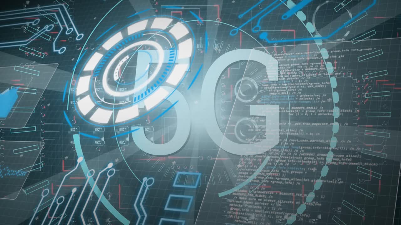 animazione di testo 5g e elaborazione dei dati su sfondo scuro