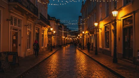 A Serene Evening Stroll Through a Charming Cobblestone Street Illuminated by Warm Lights and a Vibrant Atmosphere of Community and Togetherness During Dusk