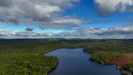 a high altitude view over oscawana lake in new york during the fall on a beautiful day