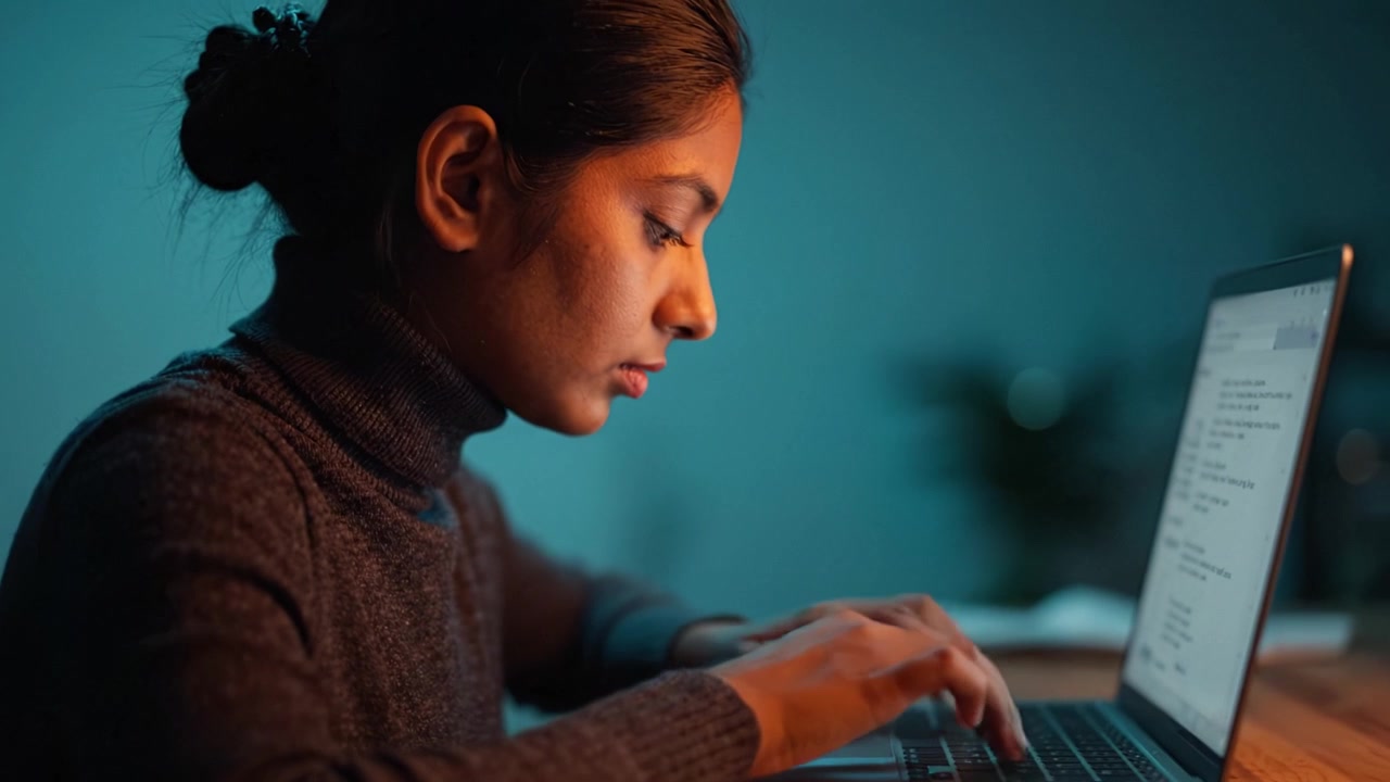 Focused young woman working on a laptop in a dimly lit room, engaged in a task that demands concentration and creativity while typing on a keyboard.