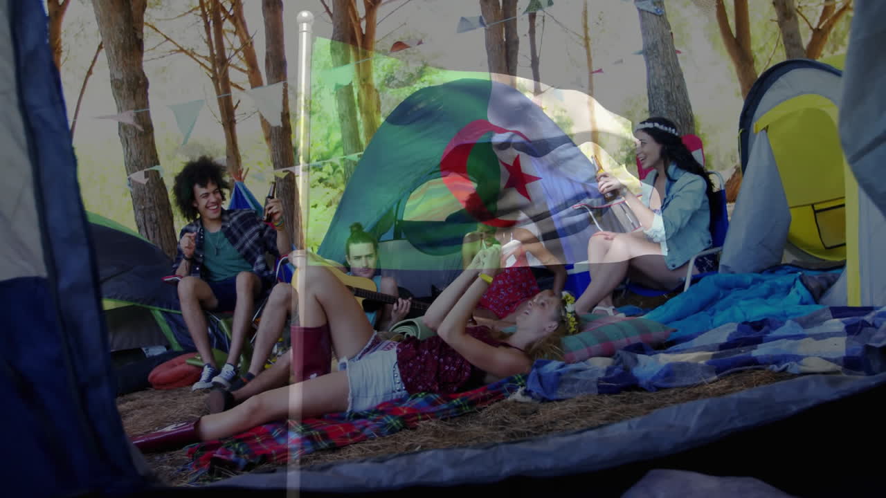 Relaxing at campsite, young people with Algeria flag animation in background