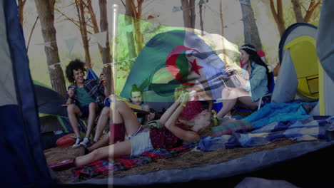 relaxing at campsite, young people with algeria flag animation in background