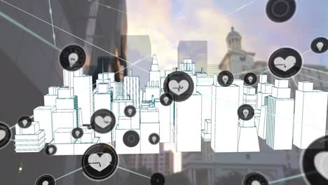 animation of network of digital icons over spinning 3d city model against tall buildings