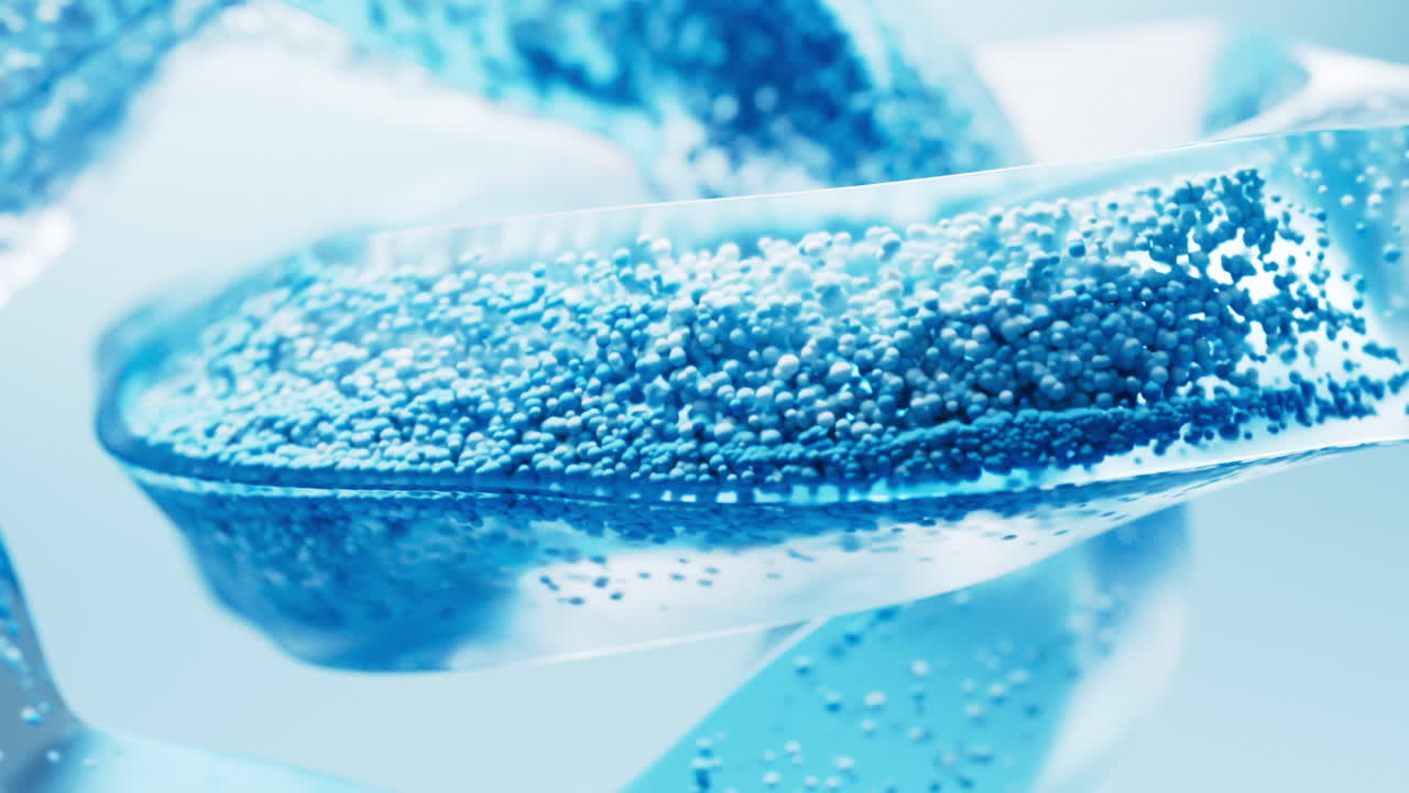 Flowing blue particles in glass geometry, 3d rendering.