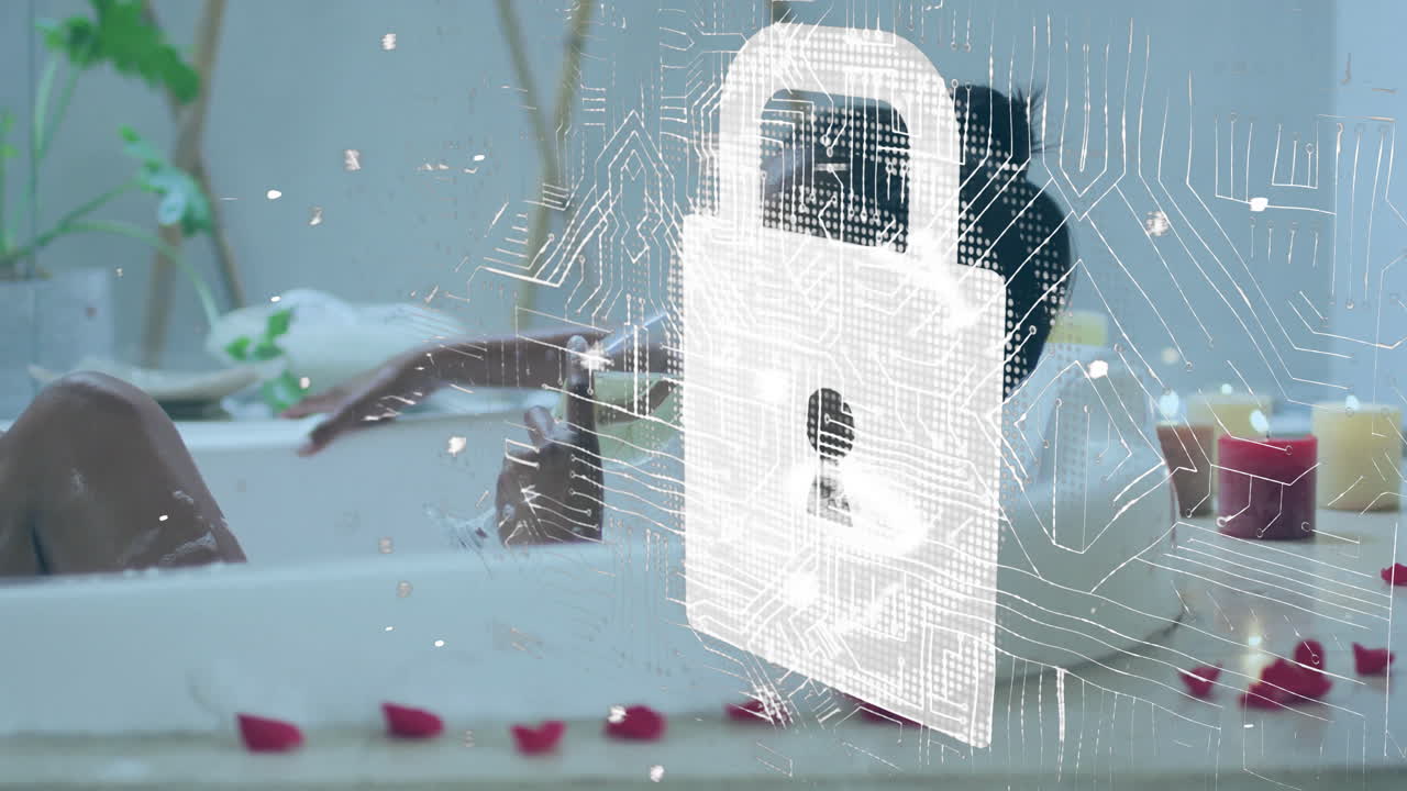 Woman soaking in bathtub holding smartphone, displaying circuit padlock icon showing data privacy