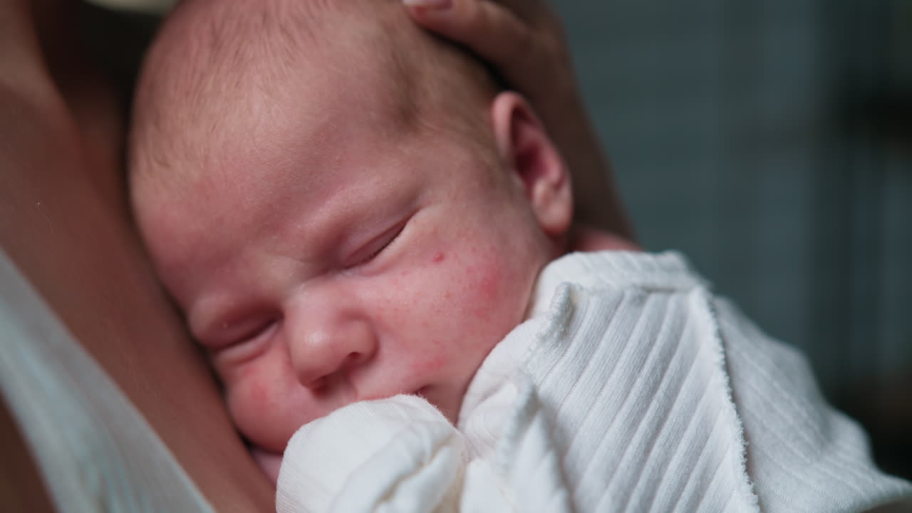 Close de um bebê recém-nascido e sereno dormindo profundamente, segurado com segurança por braços amorosos de um bebê recém-nascido