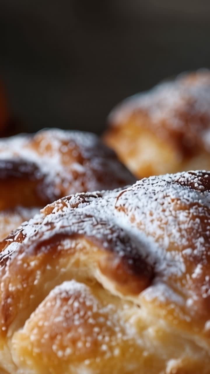Freshly Baked Pastries with Powdered Sugar, Golden Brown Crust, and Flaky Layers, Perfect for Breakfast or Dessert, Evoking Comfort and Indulgence