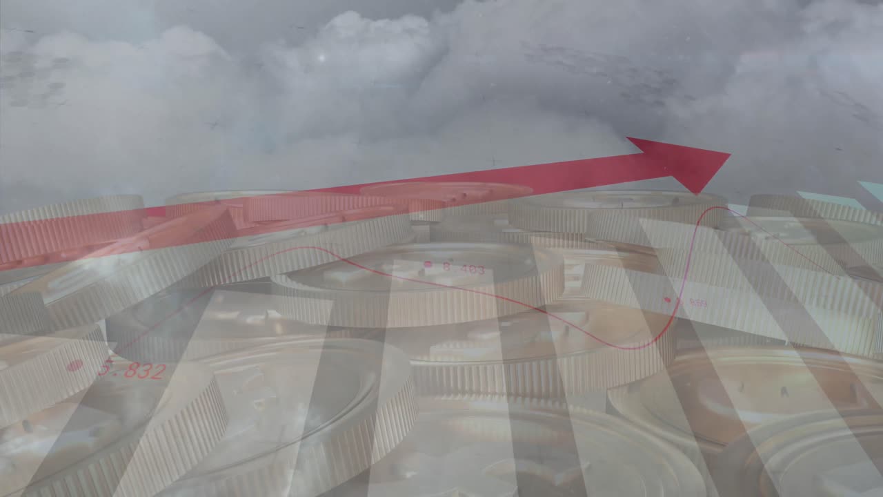 цифровой состав графиков, движущихся над биткоинами против облаков в небе