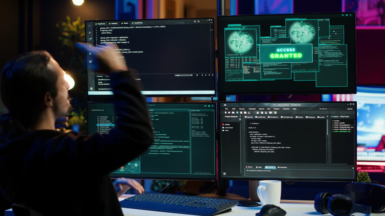 Happy hacker in secret hideout celebrating after hacking victims