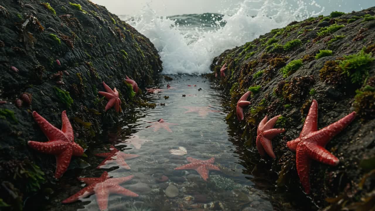 A Coastal Scene Featuring Starfish and Flowing Waves Amidst Rocky Shorelines, Capturing the Serenity of Marine Life in a Tidal Pool