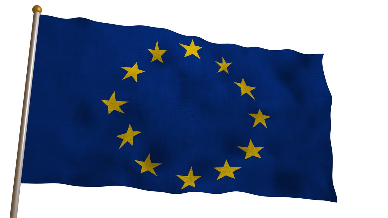 Loop continuo della bandiera ufficiale dell'Unione Europea (UE) con dodici stelle dorate che sventola su uno sfondo bianco. Rendering 3D di alta qualità per concetti internazionali e politici.