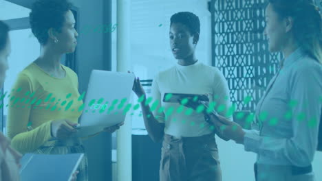 animation of financial data processing over diverse colleagues discussing work in office