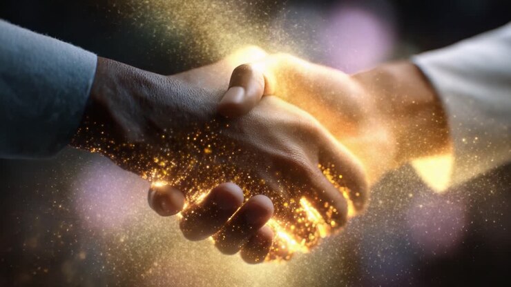 A Moment of Connection: Two Hands Shaking with a Sparkling Effect, Symbolizing Agreement, Partnership, Trust, and Unity in a Magical Atmosphere