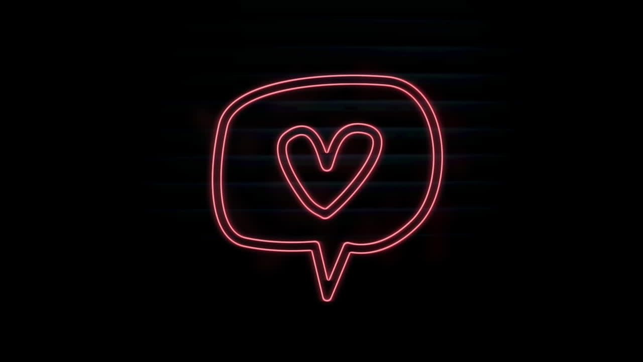 animación de un corazón de neón rosa en una burbuja de habla, sobre un fondo negro