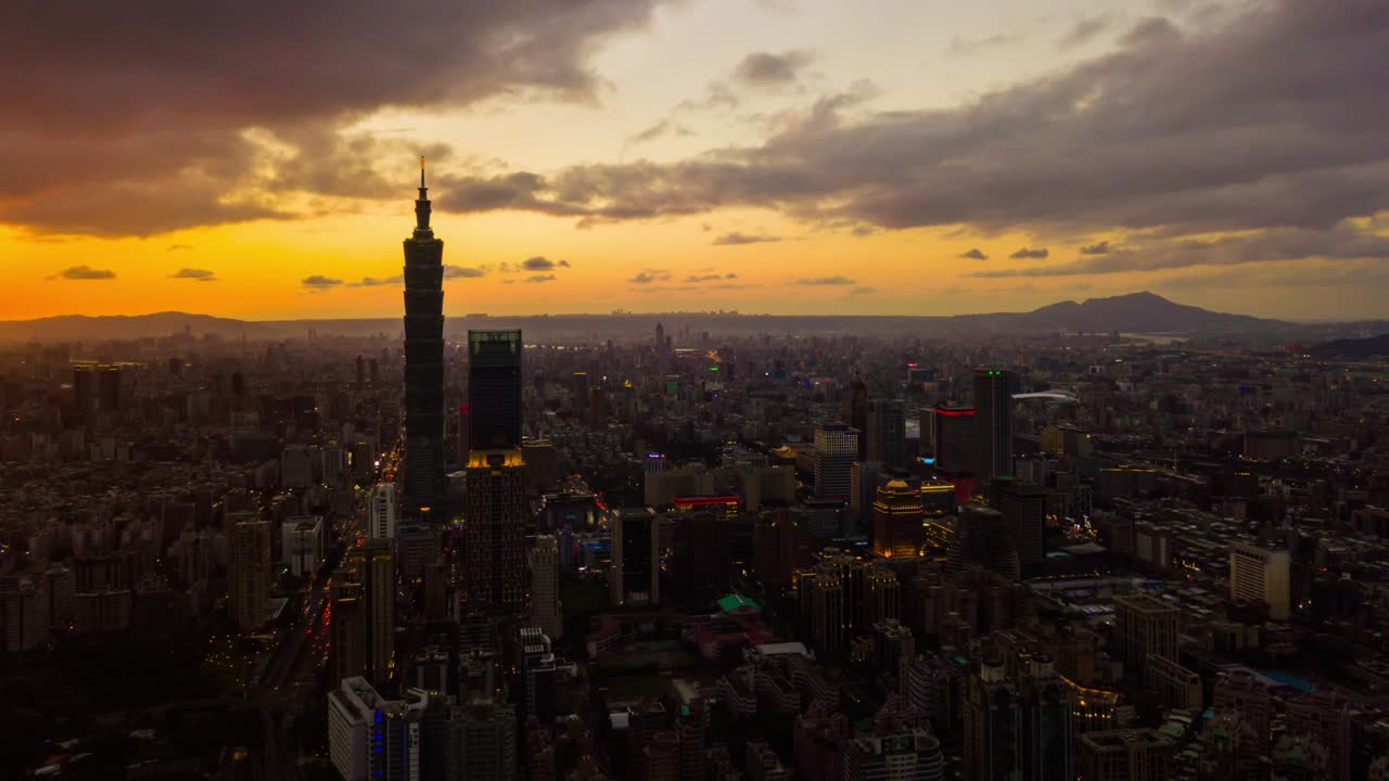 luz del atardecer torre de taipei paisaje urbano centro de la ciudad panorama aéreo 4k timelapse taiwán