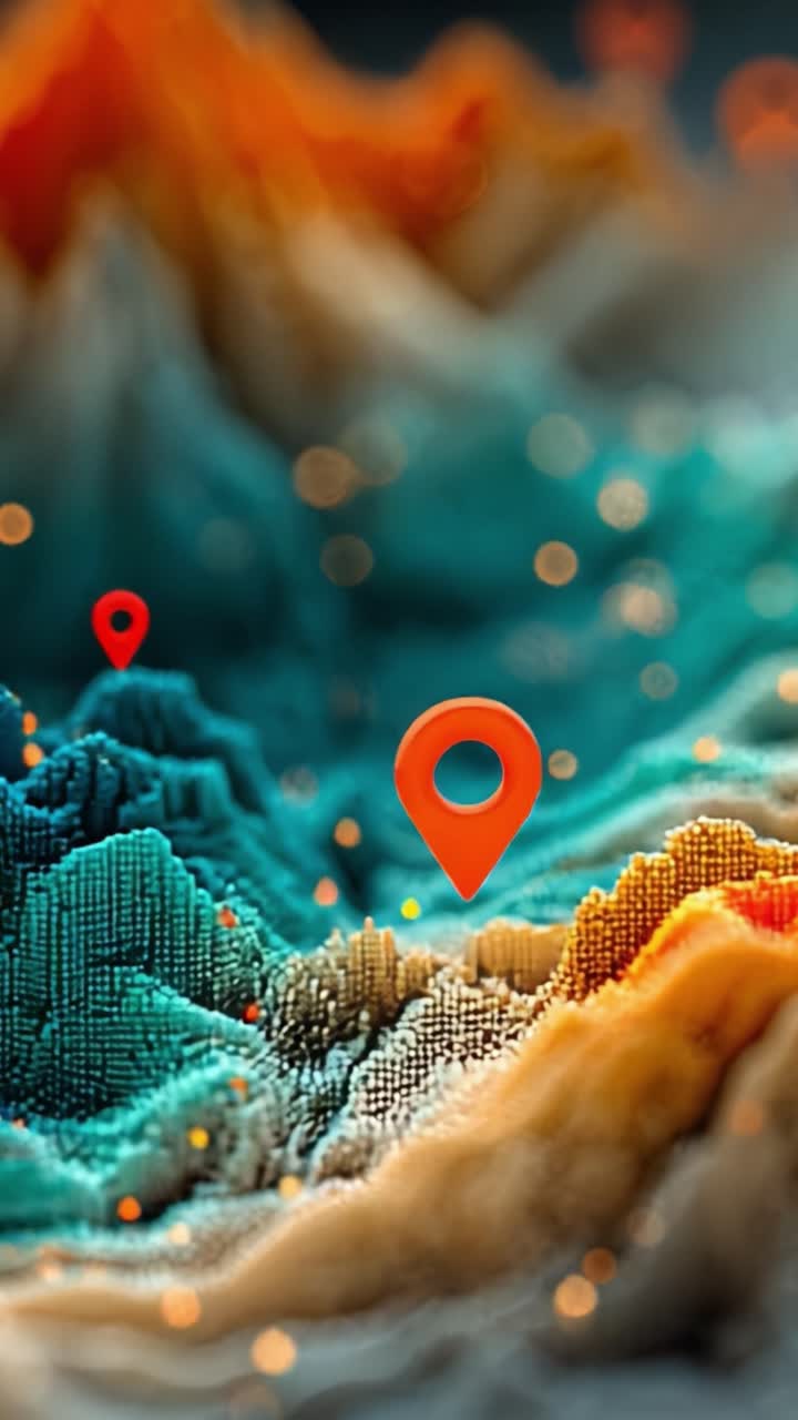 Vibrant Abstract Landscape: A Glimpse into a Unique, Textured Terrain Featuring Geolocation Markers Surrounded by Dynamic Color Gradients and Bokeh Effects
