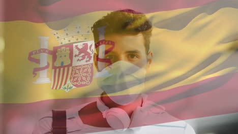 animation der spanischen flagge, die über einem mann weht, der während der covid-19-pandemie eine gesichtsmaske trägt