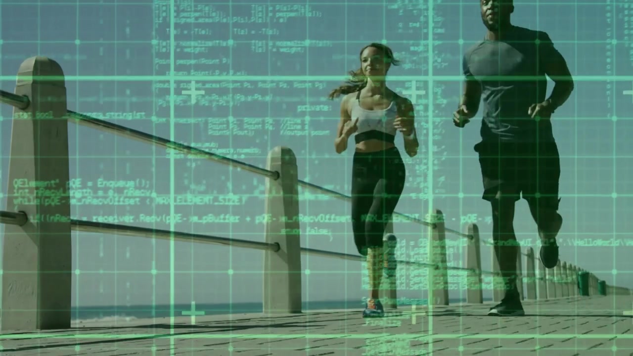 Woman and man running toward camera, low tracking HUD overlaying grid, analyzing gait for fitness